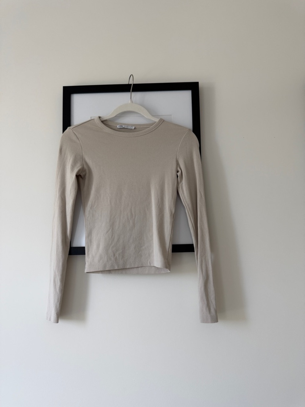 Zara Beige Long Sleeve Crewneck Top
